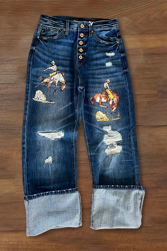 Cowboy Print Ripped High Waist Jeans